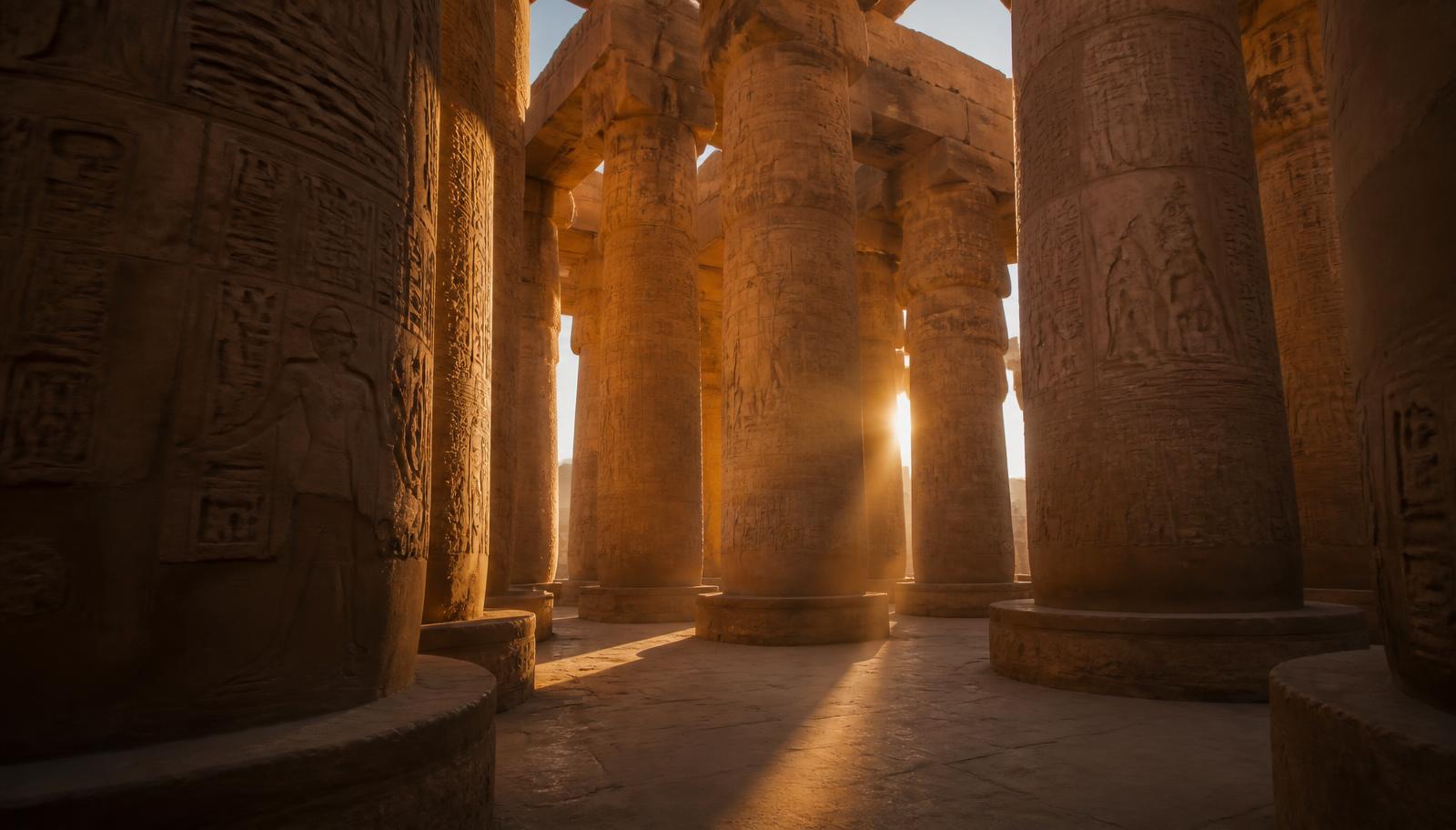 Sunrise through the carved columns of the great hypostyle hall at Karnak