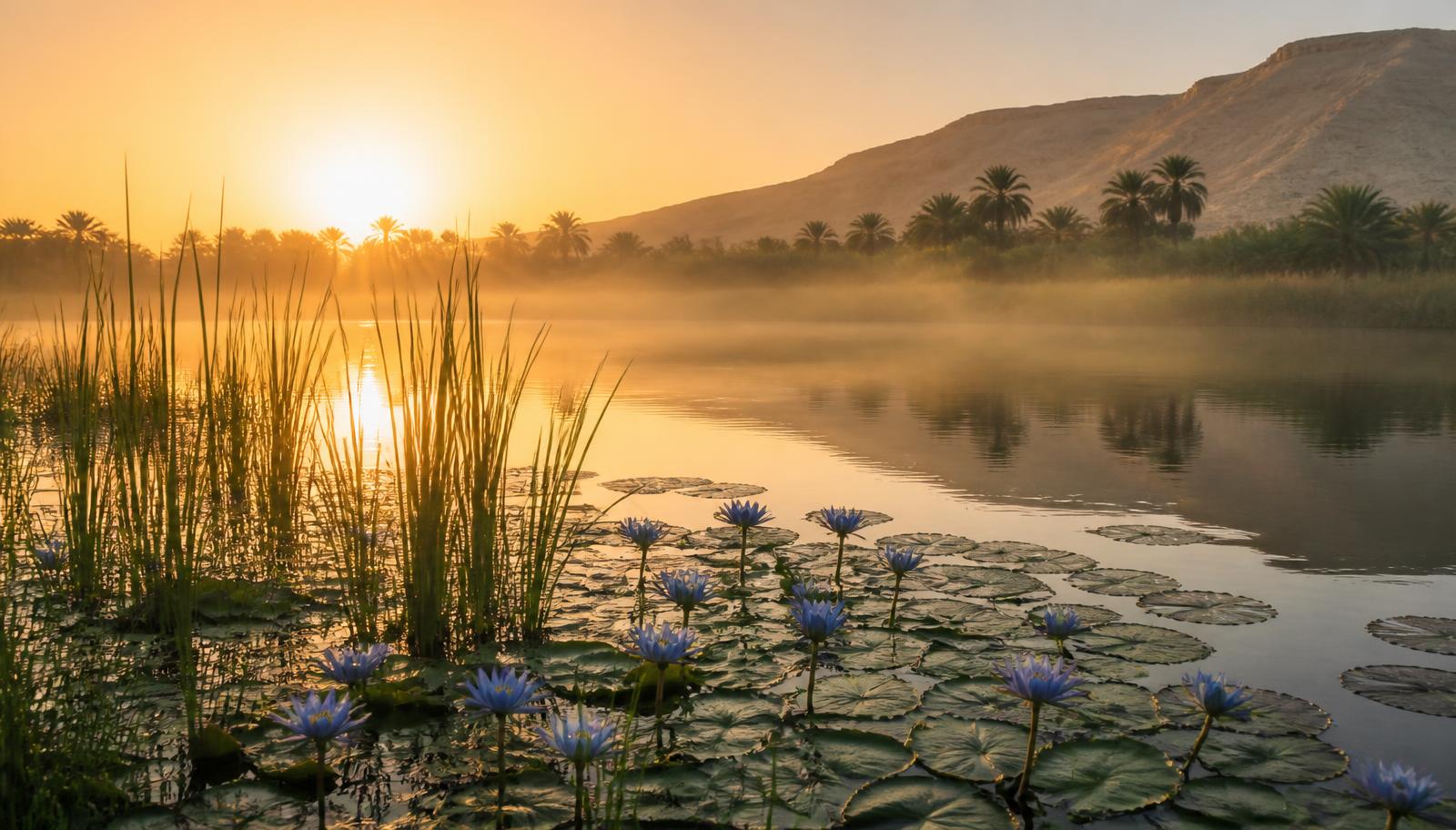 Dawn on the Nile with blue lotus in the foreground